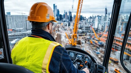 A skilled crane operator sits confidently in the cab high above a bustling construction site, enjoying a panoramic view of the city skyline while ensuring safety and precision in their work.