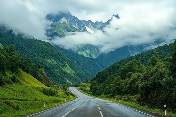 The highway is quiet and looks like a beautiful mountain .generative ai