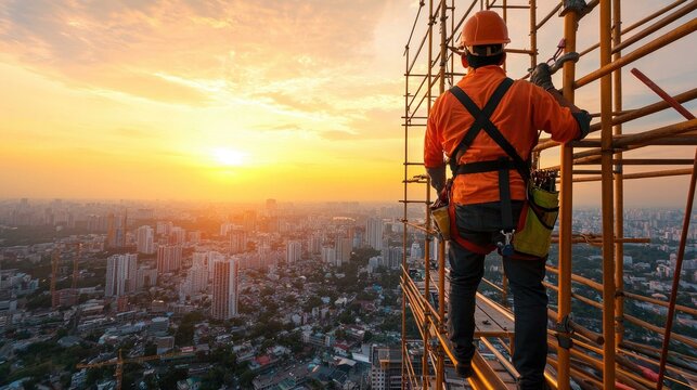 A dedicated construction worker confidently navigates scaffolding high above a bustling city skyline, equipped with essential safety gear, showcasing the importance of safety.