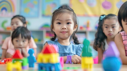 Fototapeta premium Diverse kindergarten children engaged in creative activities and games.