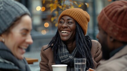 Diverse group of happy friends sharing laughs and conversation at a cafe. Capturing the essence of friendship and camaraderie.