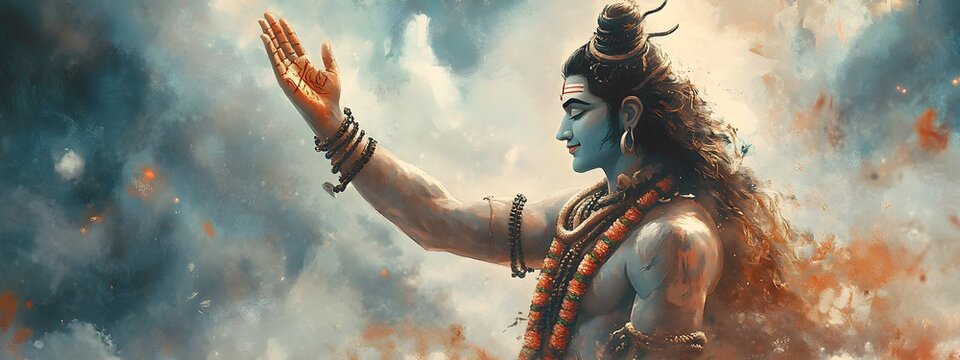 Powerful digital depicting the divine Lord Shiva blessing his devotees with his raised hand a symbolic gesture of protection and grace in Hindu mythology  The image captures the sacred