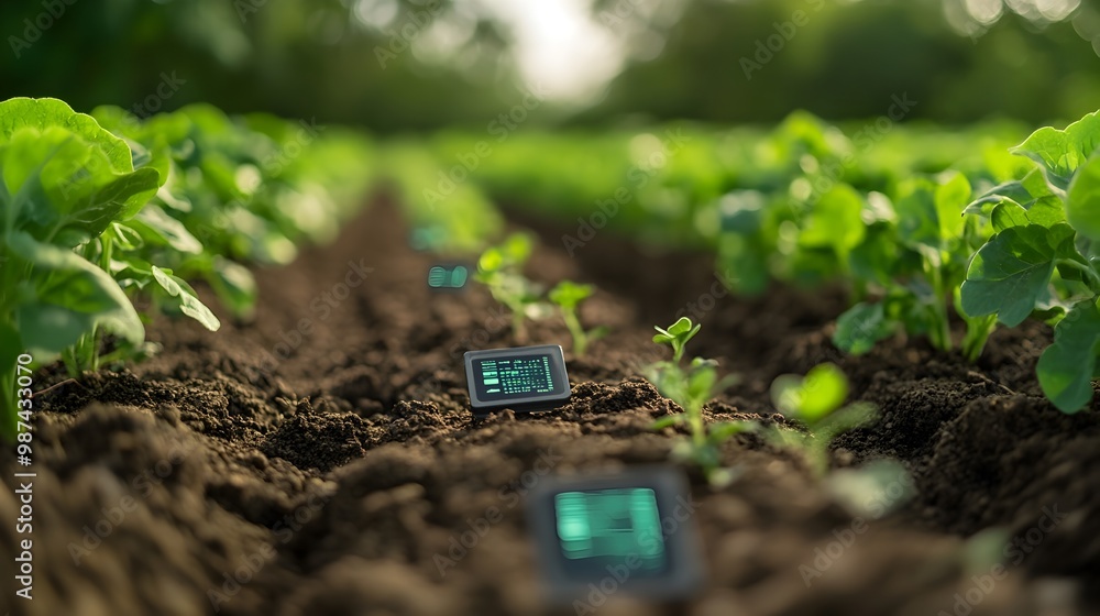 Poster precision soil sensors collecting data for optimal farming practices in sustainable agriculture