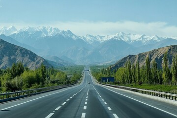 Naklejka premium The highway is quiet and looks like a beautiful mountain .generative ai