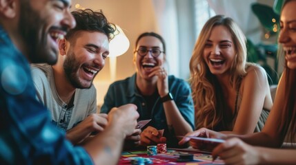 Happy group of friends sharing laughs and competition. Game night at home concept. Friendship and fun atmosphere.