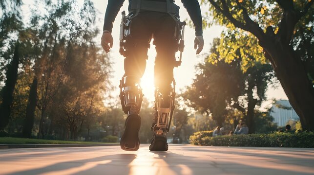 Person walking with robotic exoskeleton outdoors