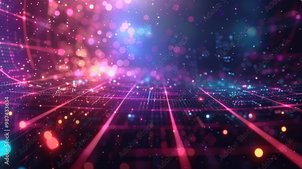 Poster abstract futuristic background with moving neon grid. glowing particles and high-tech concept. innov