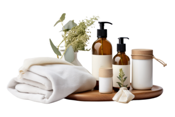 Organic products presented in a natural, simple style, emphasizing environmental friendliness. on a white background