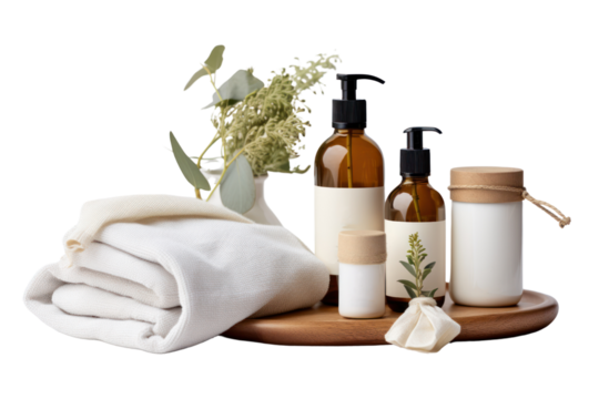 Organic products presented in a natural, simple style, emphasizing environmental friendliness. on a white background