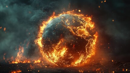 Earth covered in smog and fire, symbolizing the irreversible damage caused by climate change and rising temperatures.