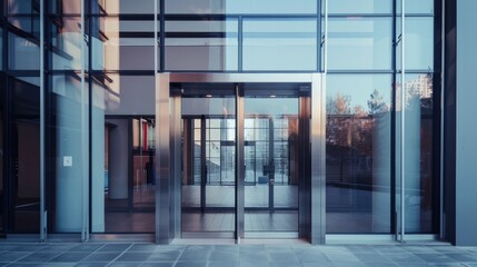 Minimalist and modern sliding glass door entrance for architecture and design branding. Sleek and sophisticated design for contemporary buildings.