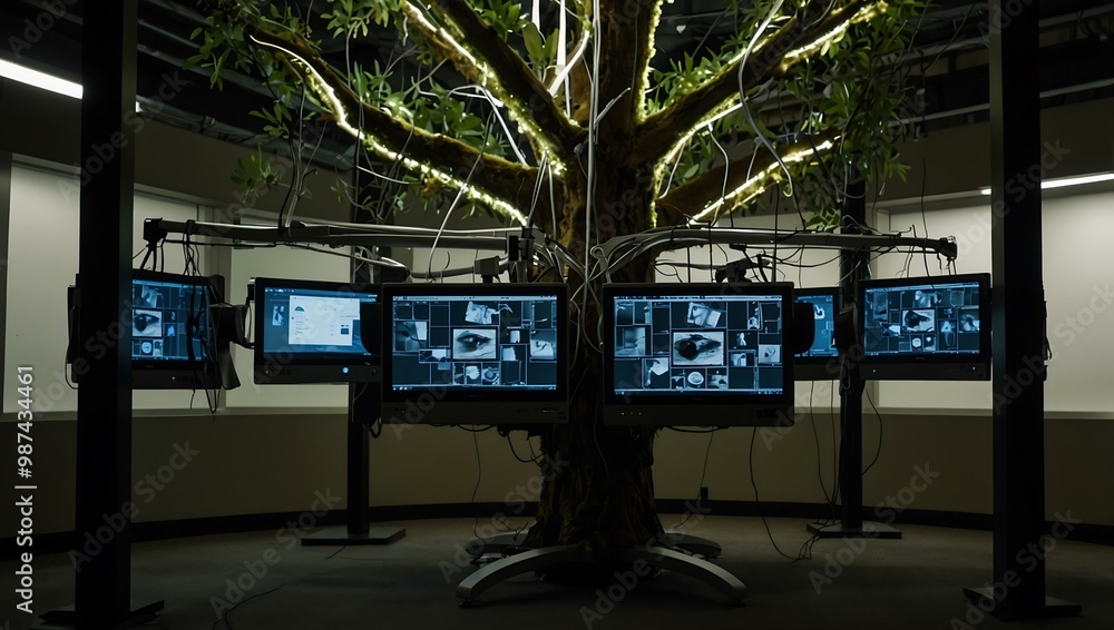 Poster tree with monitors and devices attached.
