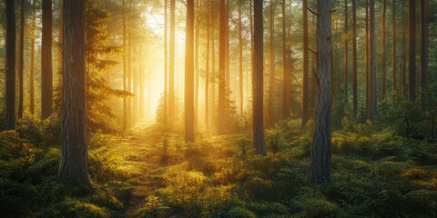 Golden Twilight Light in a Lush Winter Forest