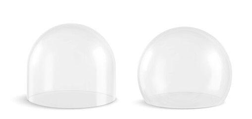 Glass dome, isolated glossy bell sphere or transparent cover, realistic vector 3D. Glass dome or empty protection display, plastic hemisphere or showcase exhibition case jar and spherical globe