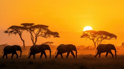 Elephants walking across the savannah at sunset, acacia trees in the background silhouetted by the orange sky.