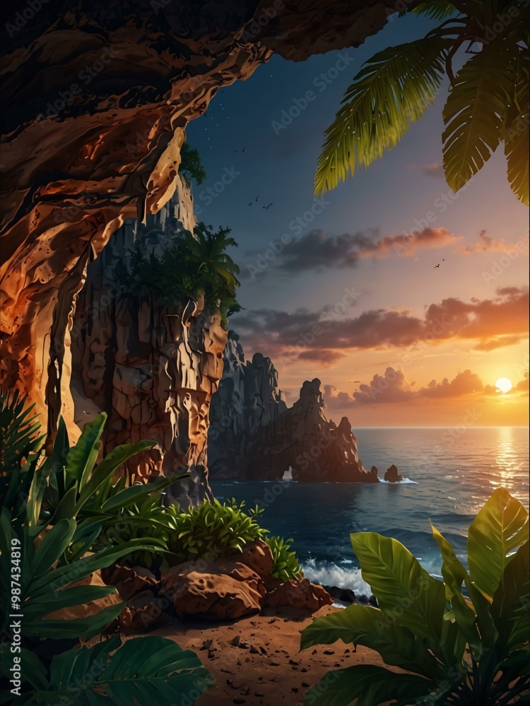 Poster Tropical cave landscape illustration with a sunset view.