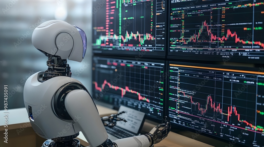 Poster robot analyzing crypto market trends and forecasts on multiple digital screens for futuristic fintec