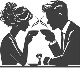 Wedding husband and wife are sitting at the table and drinking coffee silhouette vector design