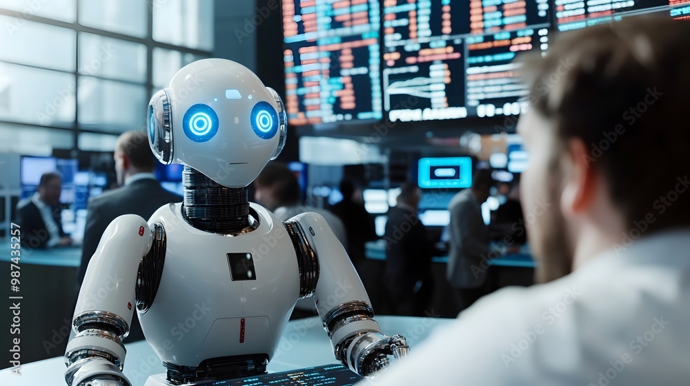Poster robot and human traders collaborating in futuristic exchange showcasing the synergy between intellig