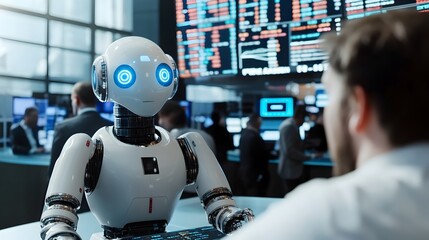 Robot and Human Traders Collaborating in Futuristic Exchange   Showcasing the synergy between intelligence and human expertise in a high tech fast paced financial trading environment