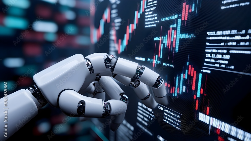 Poster robot hands interacting with 3d virtual data visualization advanced ai powered financial analytics a