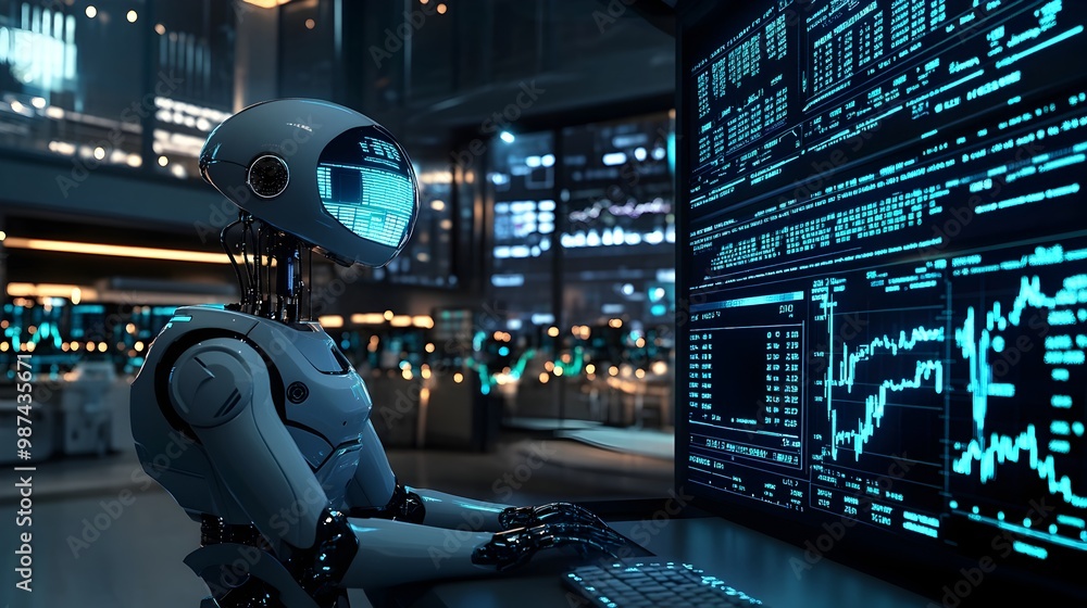 Aufkleber robot monitoring intricate market data and trends through a futuristic holographic interface in a hi