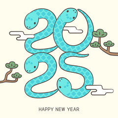 2025년 새해 연하장 뱀 일러스트. 새해 인사 연하장
