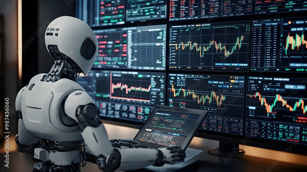 Poster robotic analyzing cryptocurrency market trends and data visualizations on multiple digital screens f