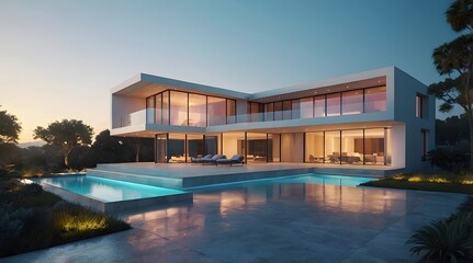 Fototapeta premium Modern and Contemporary Facade, Luxury Exterior Design, Detailed Design, Lighting, 