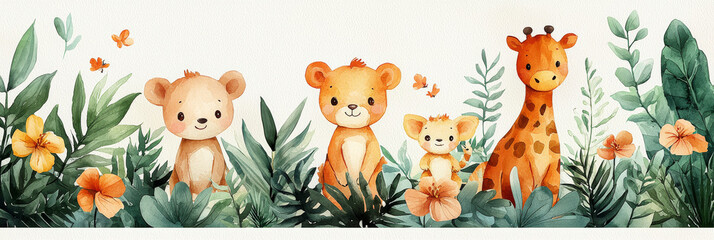 Cute watercolor illustration of jungle animals.