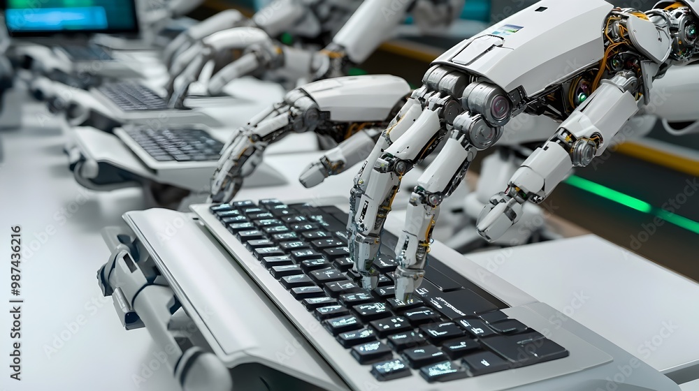 Poster robotic arms swiftly typing on keyboards in a futuristic high tech trading room showcasing the speed