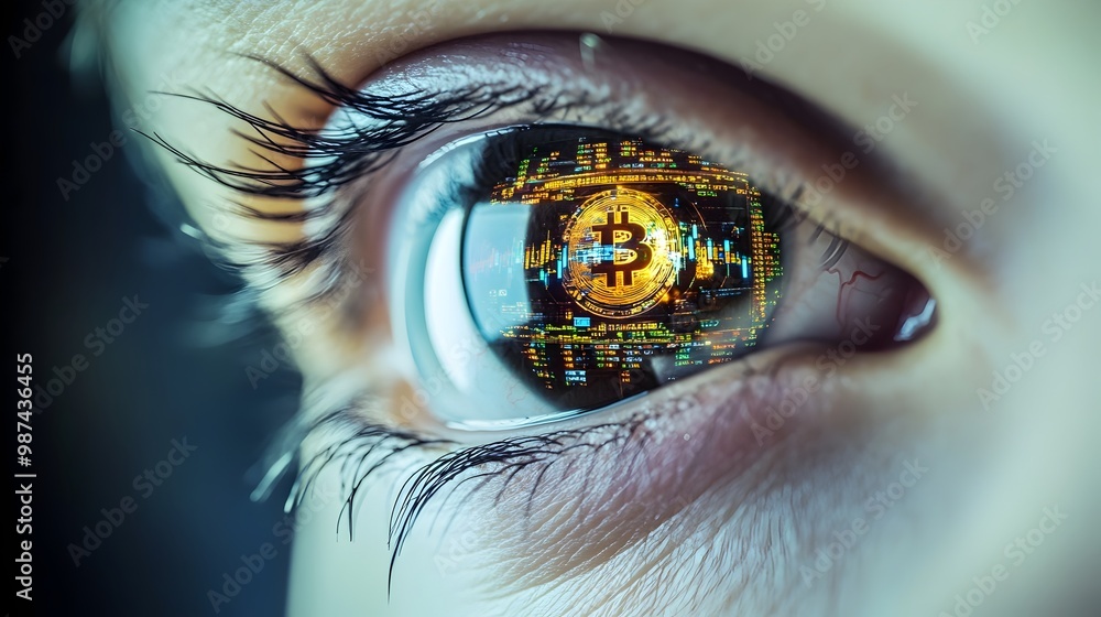 Poster robotic eye reflecting the real time fluctuations of cryptocurrency and market prices with a focus o