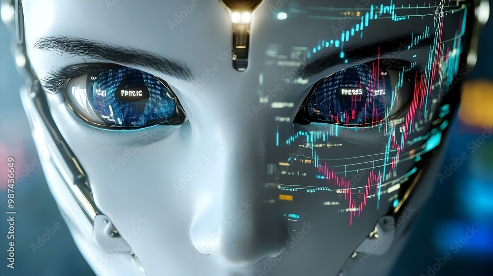 Poster robotic face with abstract market charts and financial data reflected in its digital eyes representi