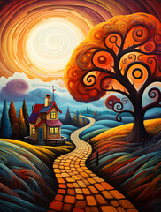  A beautiful, colorful landscape. A house on the left side of the road leads to a tree with orange leaves