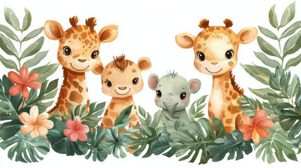 Naklejka premium Cute giraffes and elephant in jungle setting.