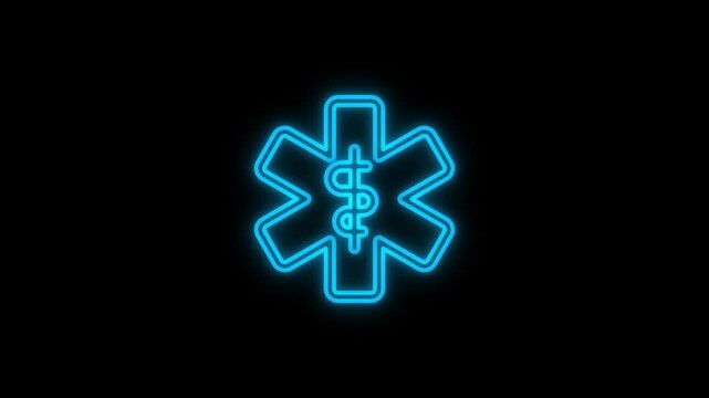 A glowing neon effect of a paramedic icon is set on a black background. 4K video motion graphic animation.