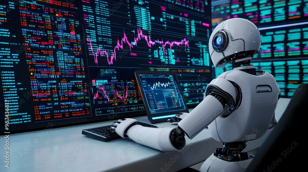 Poster robotic financial analyst evaluating market data and graphs on futuristic virtual trading desk with 