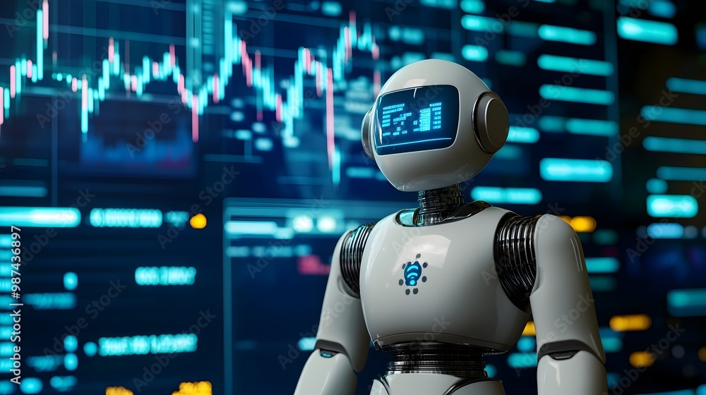 Poster robotic figure standing in front of a large digital screen displaying market trends and analytics