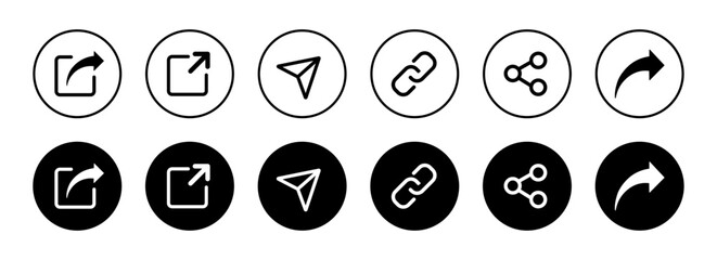 Share icon button set. Share button icon set isolated on white background. Share icon button in flat and outline style. Vector illustration.