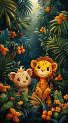 Naklejka premium Two cute cartoon lion cubs in a jungle setting.
