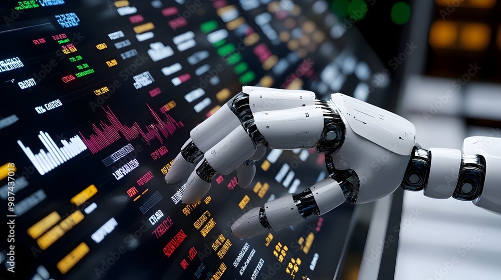 Poster robotic hand executing digital trade on futuristic financial console automated ai powered exchange a