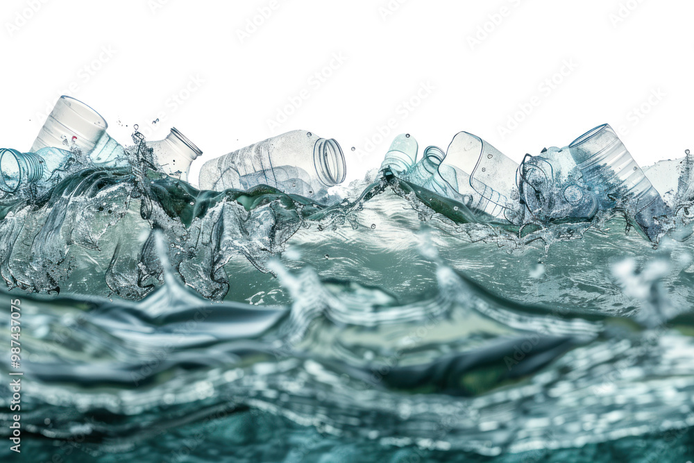Poster ocean waves filled with plastic bottles focusing on marine pollution problems on a white background 