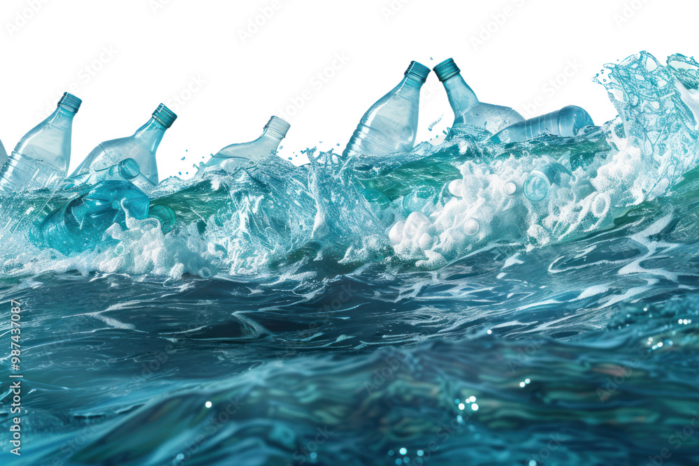 Poster ocean waves filled with plastic bottles focusing on marine pollution problems on a white background 
