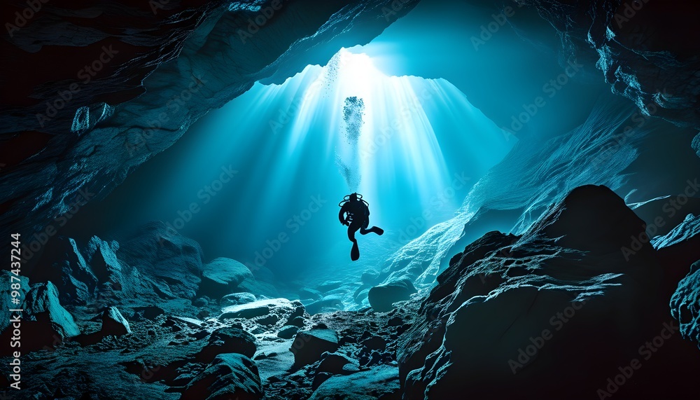 Wall mural Dramatic underwater cave scene with diver silhouette and light filtering through, accentuating the rocky formations.