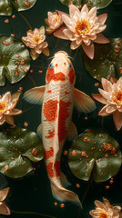 Fototapeta premium A vibrant koi fish swims gracefully through a serene pond, surrounded by delicate water lilies.