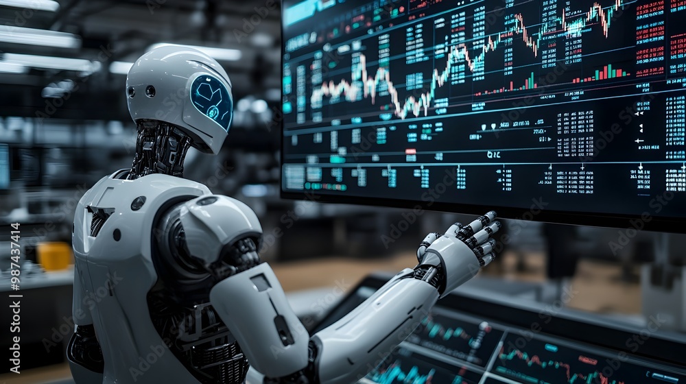 Poster robotic trader interacting with floating holographic chart in futuristic high tech trading room util