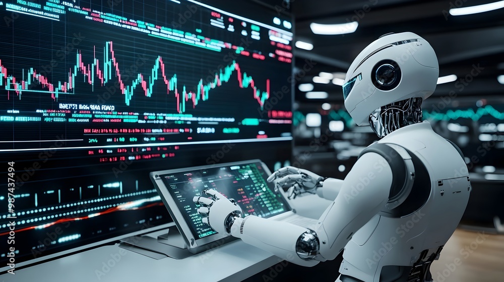 Poster robotic trader interacting with floating holographic chart in high tech trading room futuristic fina