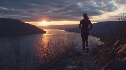High definition photo, wide angle, filmic, cinematic, moody, tense, seen from behind: a young woman jogging at edge of steep drop overlooking 