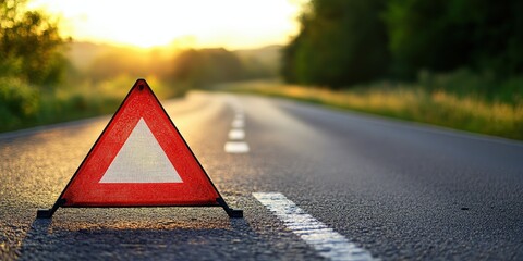 Emergency Triangle Sign on Empty Road at Sunset