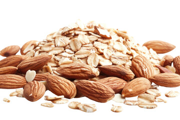 Obraz premium Oatmeal topped with sliced almonds on a white background